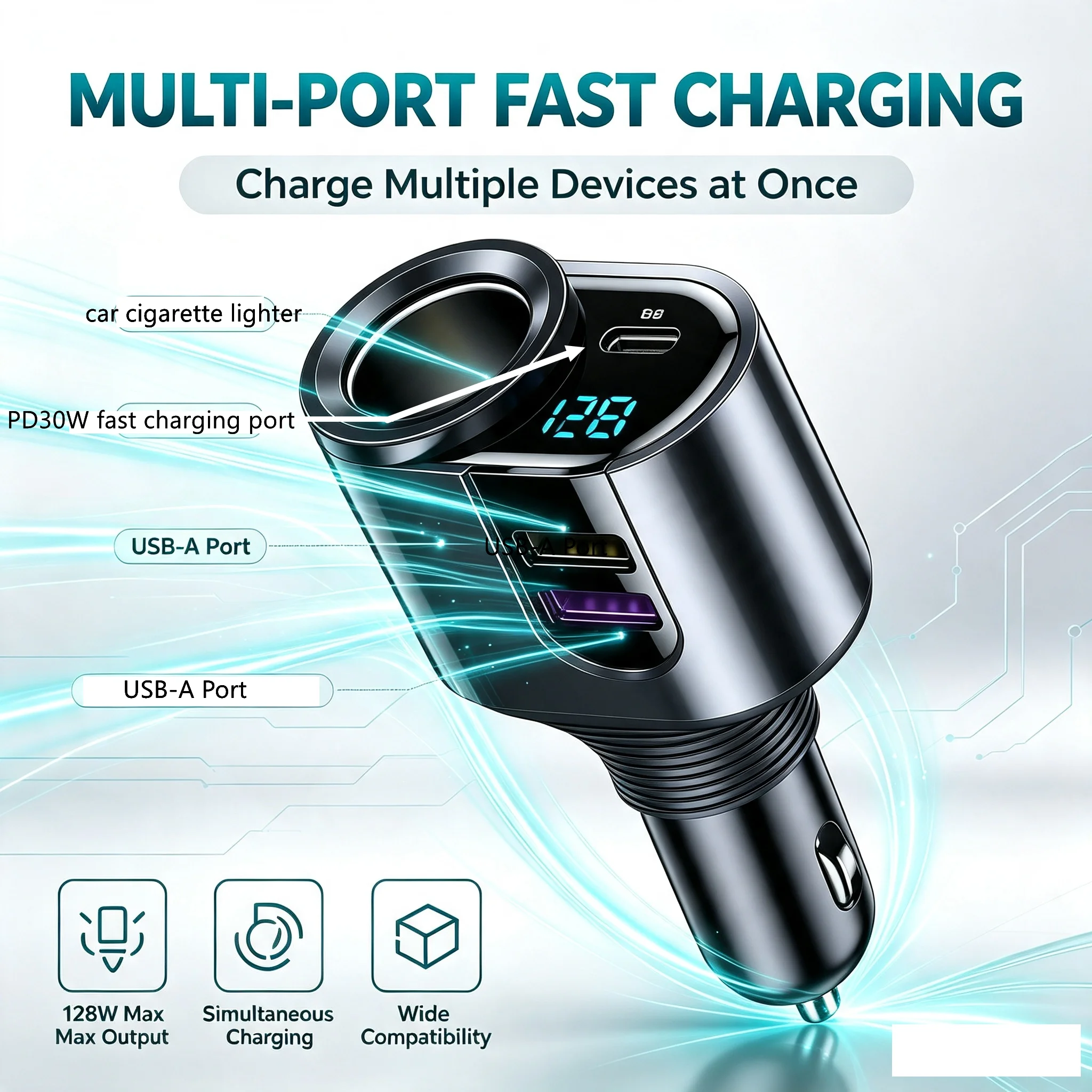 128W 4 Ports Digital Display Car Cigarette Lighter Power Adapter 3.1 A USB PD Car Phone Multifunctional Charger For iPhone