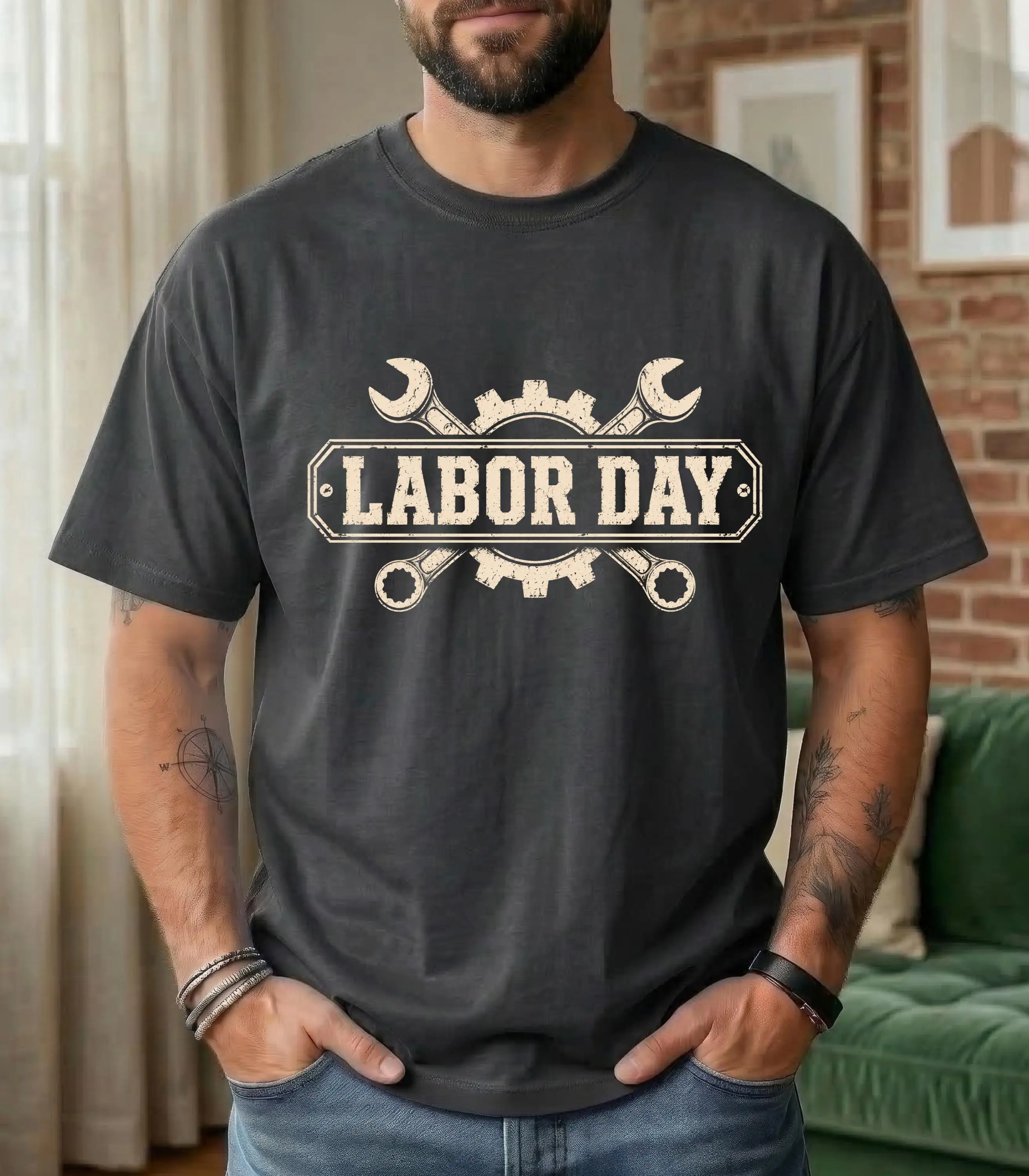 Labor Day Wrenches Gear T-Shirt | Mechanics Holiday Tee Men's High-Quality T-Shirt - Fashion Trend Comfort Printed Short Sleeve