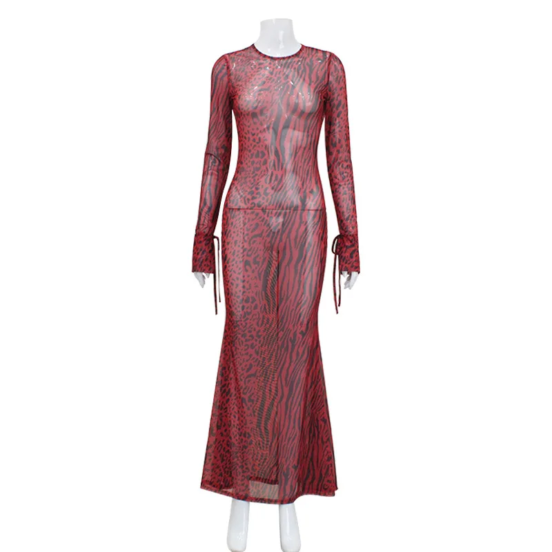 Robe sirène dos nu à imprimé léopard rouge sexy pour femmes, col rond, coupe ajustée, mode, soirée, tenue longue moulante