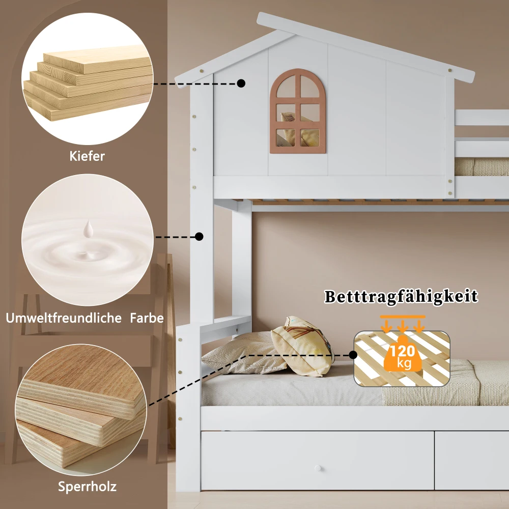 PINGGO Weißes Etagenbett Mutter-Kind-Bett Charakteristische Fenster 4-Stufige Rutsche 2 Schubladen Massivholzrahmen Ohne Matratze – Detail 8