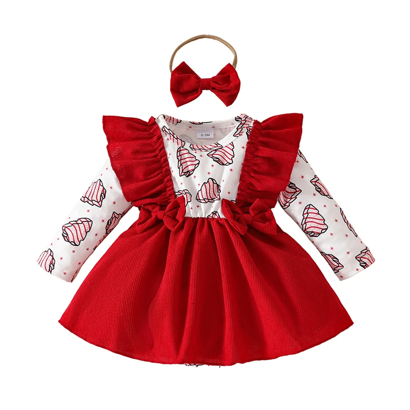 

Toddler Baby Girls Christmas Rompers Dress Corduroy Christmas Tree Print Skirt Hem Fall Bodysuits with Headband 0-18 Months