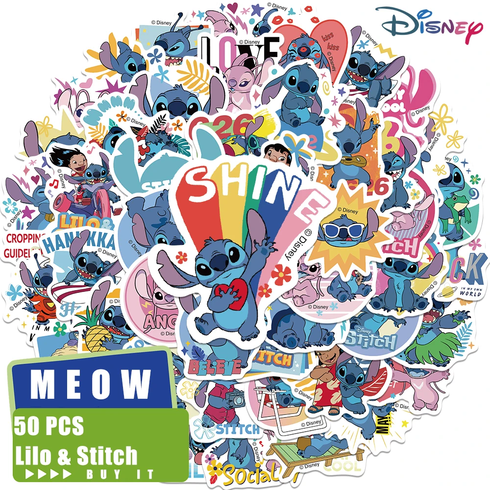 Autocollants de dessin animé mignon de Disney pour enfants, drôle, CAN o & Stitch, graffiti, bouteille, téléphone, scrapbooking, journal intime, moto, jouet, 10 pièces, 50 pièces