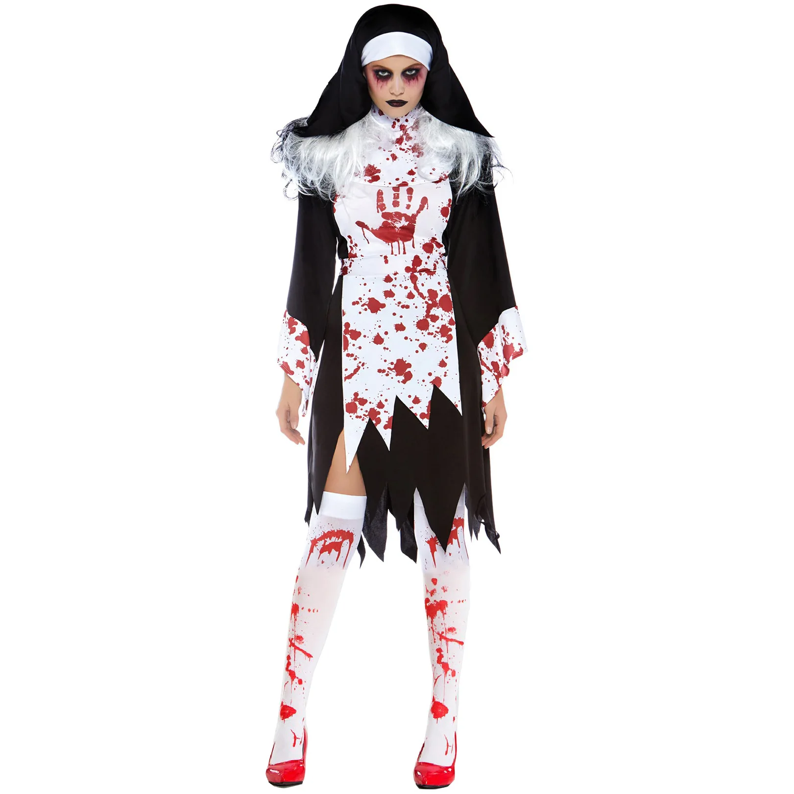 loween  Zombie Bloodstain Nun Costume Role-plang Horror Drip Blood Nun Outfit Women's Ethnic Stage Costume