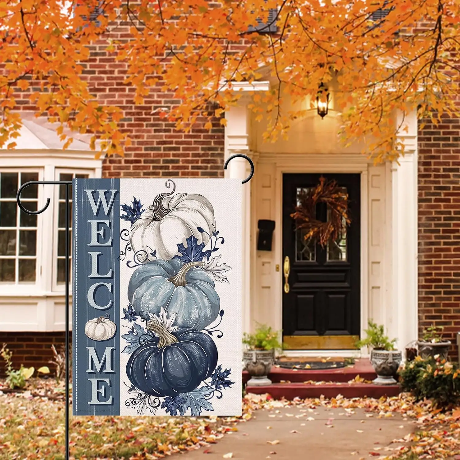 Artofy Welcome Fall Blue White Pumpkin Small Decorative Garden Flag, Autumn Thanksgiving Maple Leaves Yard Lawn Outside Deco UUN