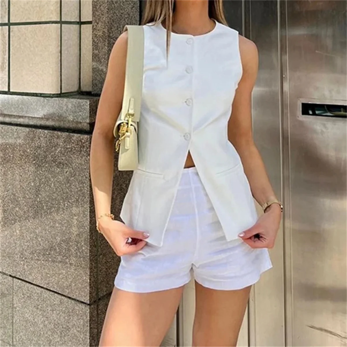 Office Lady White Denim 2pcs Clothes Set Sleeveless Slit O Neck Top High Waist Wide Short Suit Fashion Casual Shorts Pants 2024