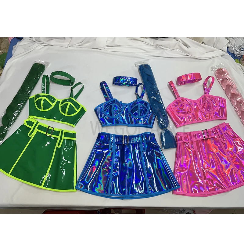 

Sexy Festival Party Show Performance Clothes Bar DJ Gogo Dance Costume Fluorescent Laser Tops Skirt Set