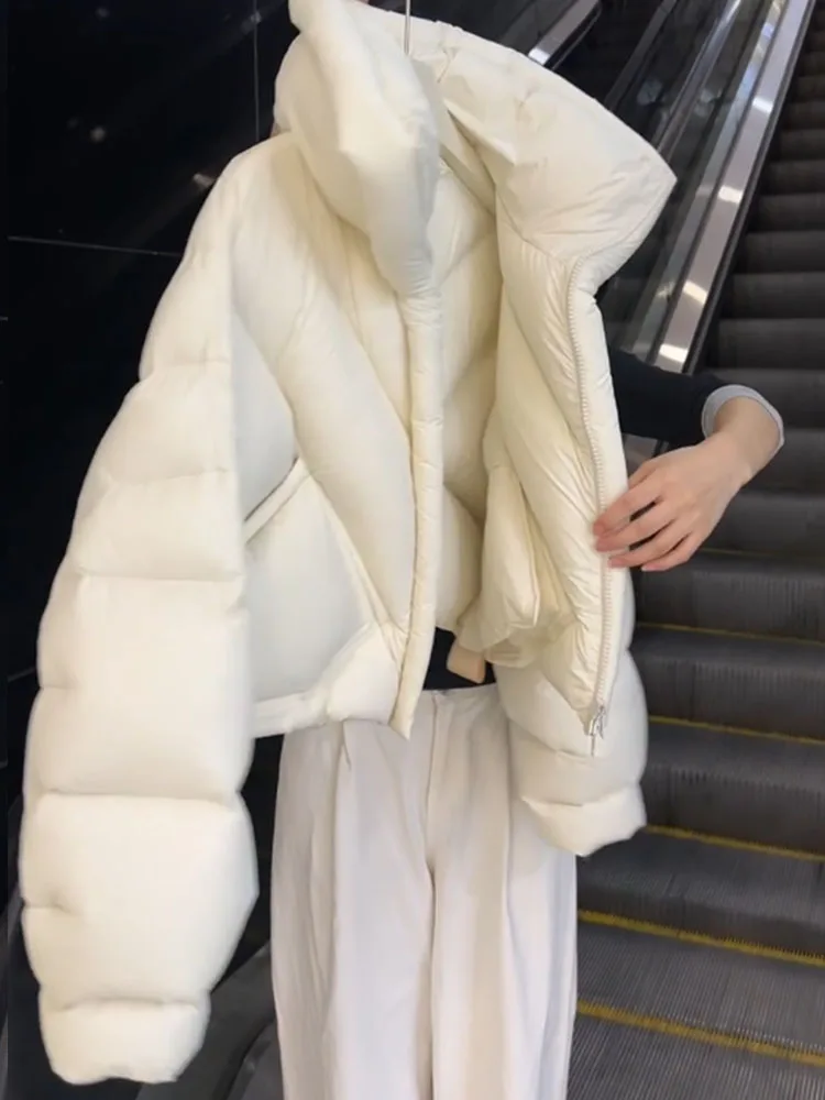 Sli ort Puffer Jaet Casaco feminino Faionable branco fofo para baixo Ele Sle Thi Casacos para a temporada de inverno
