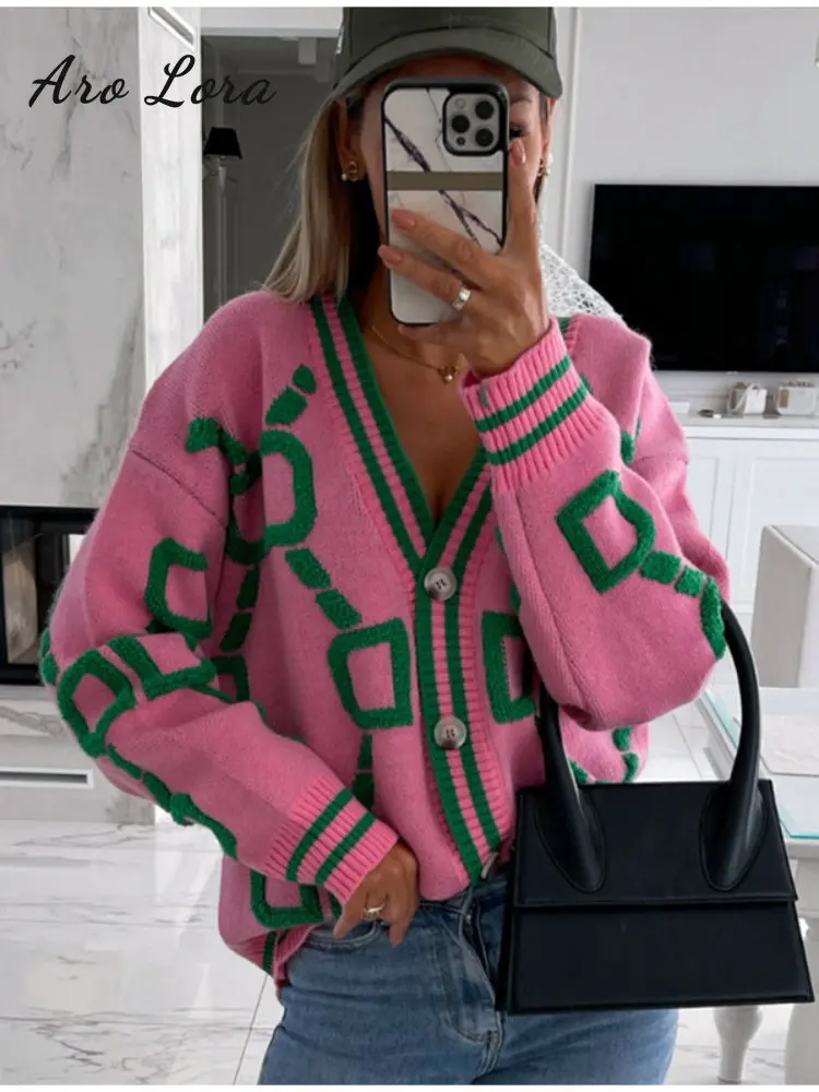 Women Knitted Cardigan V Neck Sweater Coat Pink Striped Button Vintage Cardigans 2023 Autumn Winter Loose Casual Jumper Tops