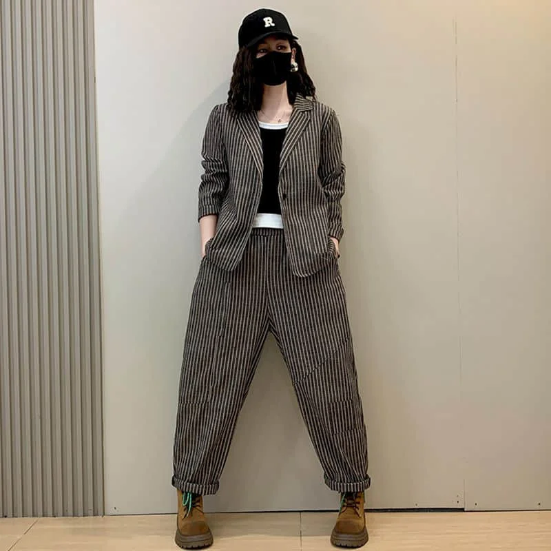 Set di pantaloni vintage Cappotti a righe a maniche lunghe e pantaloni Harem casual Set di due pezzi larghi in stile coreano Harajuku Abiti da donna