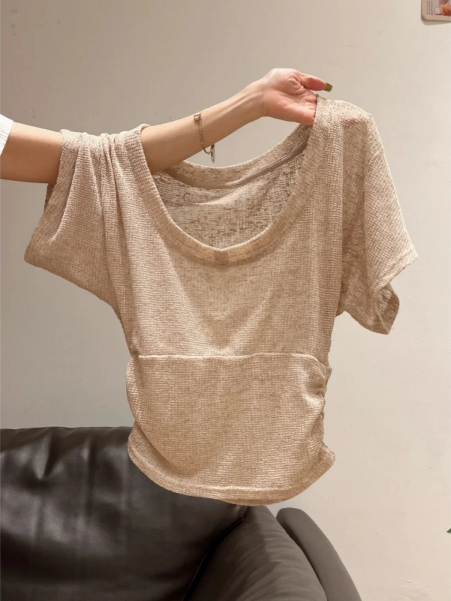 

Outlet Store Thin U-Neck Short Sleeve T-Shirt Women's Fashionable See-Through Splice Pleated Top Korean Style Summer Wear