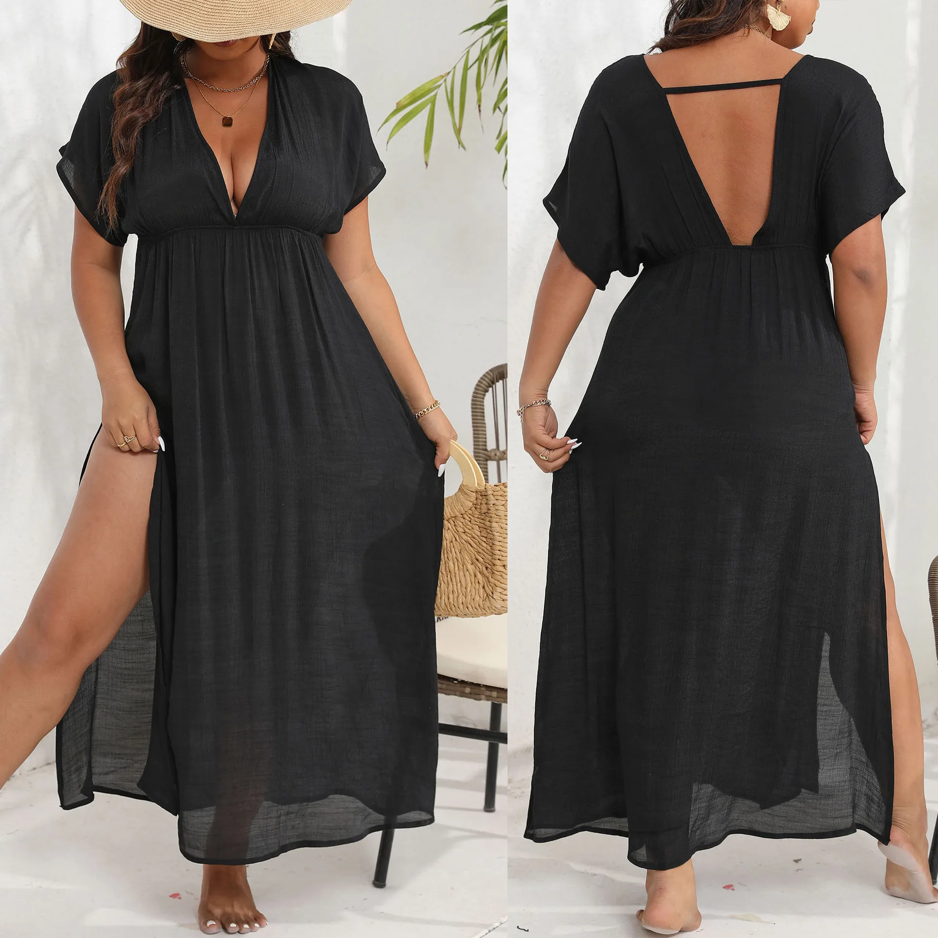 

Ladies long skirt beach cover-up plus size women's clothing 2024 women's fashion trends slit deep V backless waist black dress