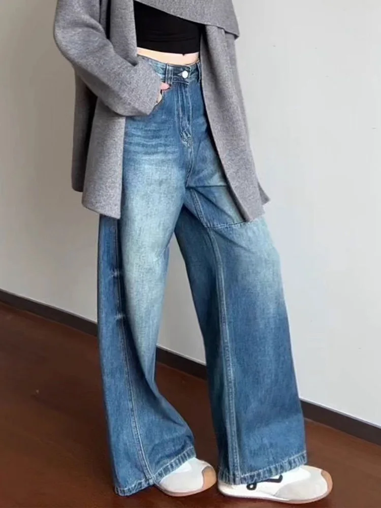 جينز نسائي عتيق غير رسمي مغسول من القطيفة عالي الخصر فضفاض مستقيم من قماش الدنيم موضة ملابس الشارع الشهير ريترو واسعة الساق Vaqueros