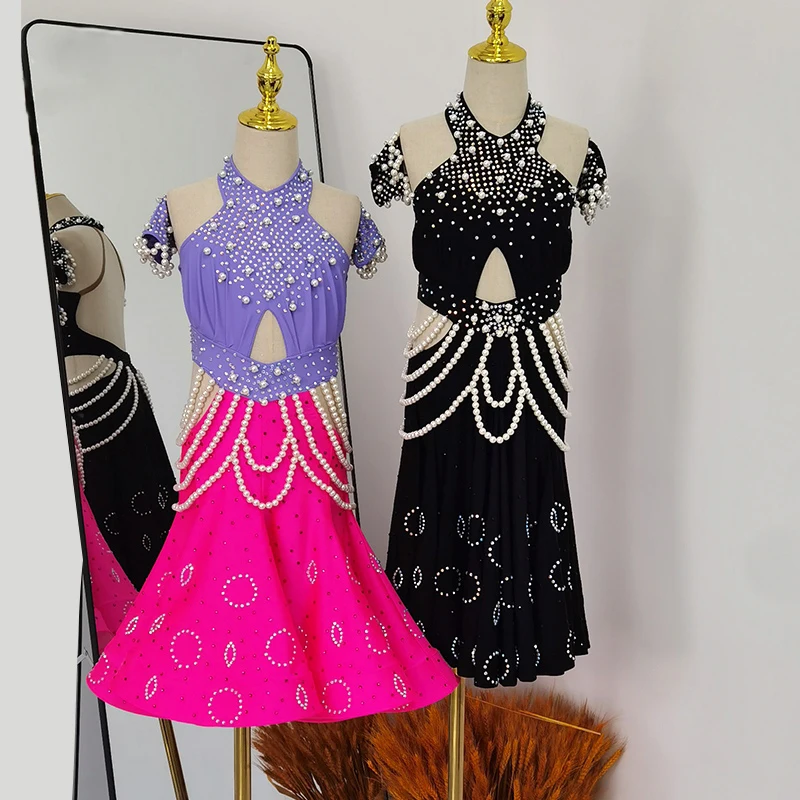 

Sparkly Pearl Latin Dance Dresses Girls Professional Competition Outfit Open Back Halter Performance Dress Samba Stage Wear 3550