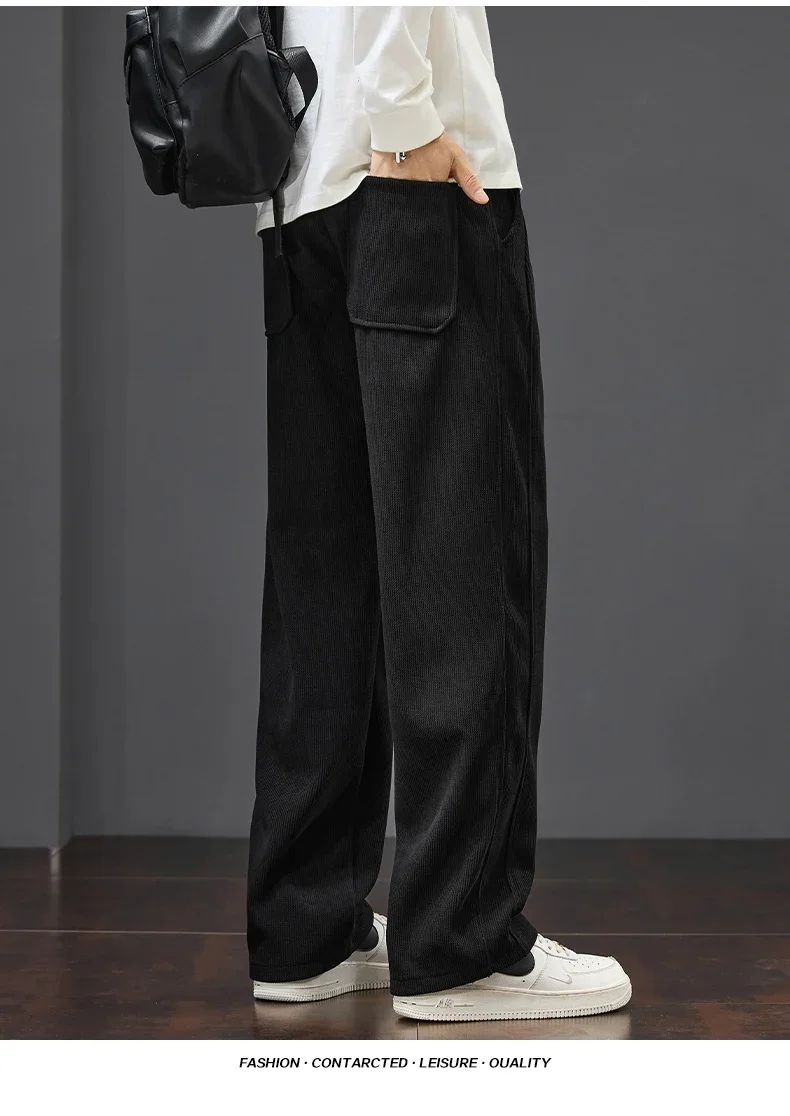 Winter Warme Fleece-Gefütterte Herren-Cordhose, Weite Gerade Hose mit Kordelzug und Elastischem Bund, Streetwear Braune Freizeithose für Männer – Detail 12