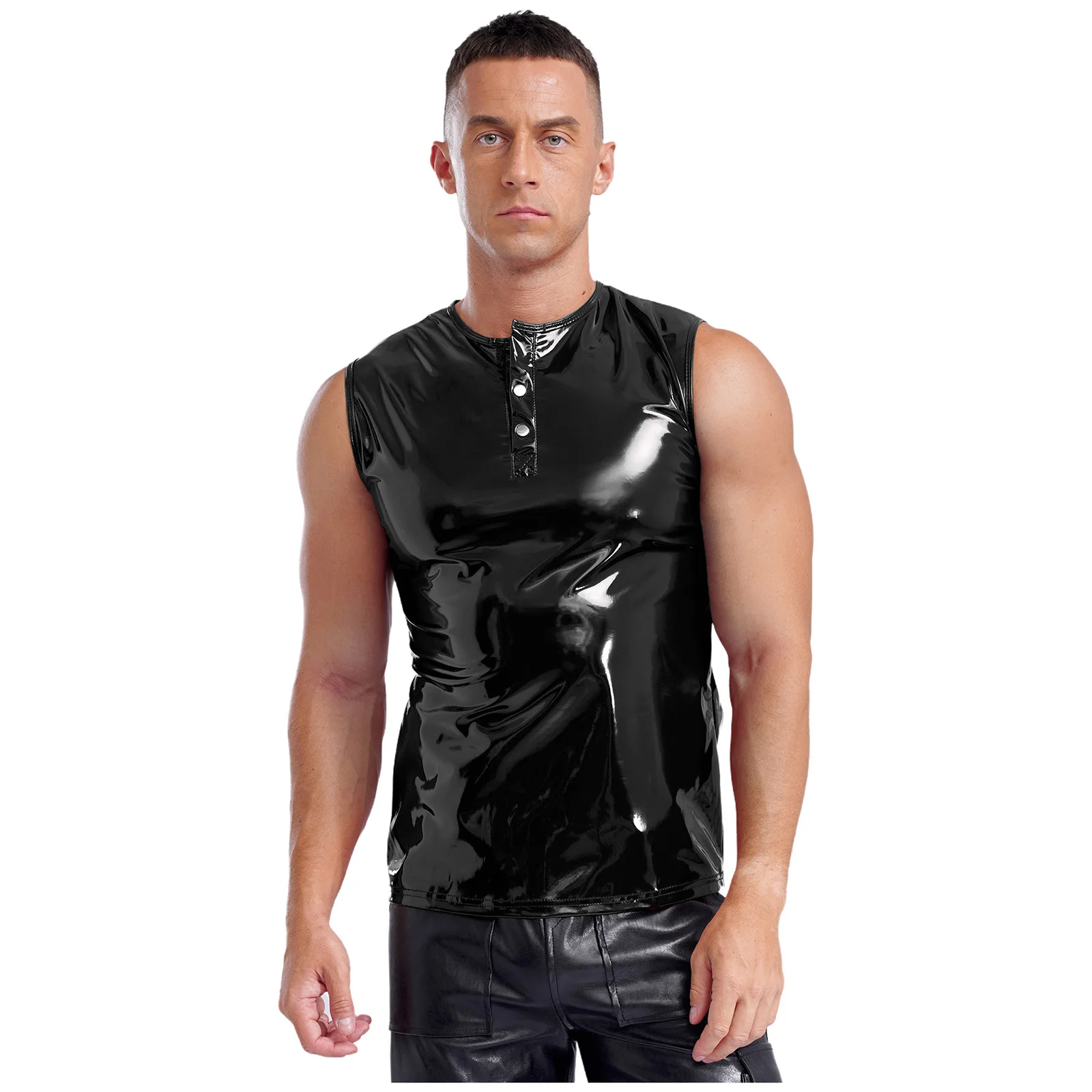 

Men's Cool Punk Stylish PU Leather Tank Top Sleeveless Buttons Compression Vest Top Party Club High Look Waterproof Driving Tops
