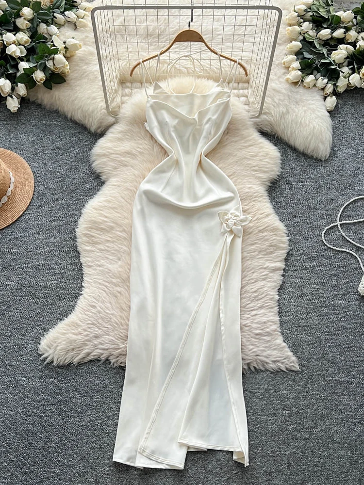 فستان نسائي فاخر من الساتان بتصميم صيفي أنيق مع شق عند الخصر ورباطات بدون أكتاف، تنورة طويلة على الطراز الكوري، مثالي للتنقل ...