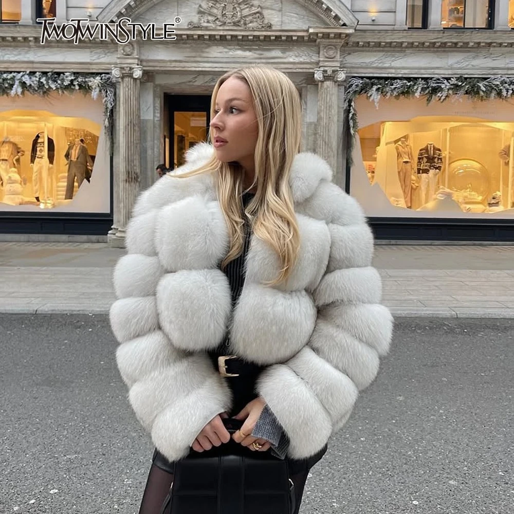 

TWOTWINSTYLE Solid Color Spliced Artificial Fur Coat for Women Lapel Long Sleeves Patchwork Zip Loose Down Coats Female Fashion