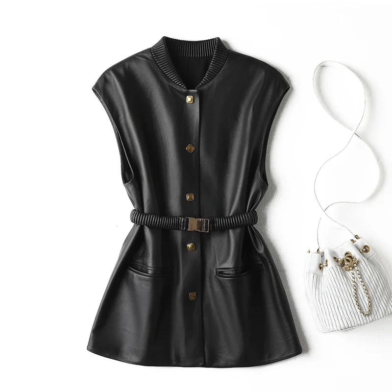 Luxury Sleeveless Leather Jacket for Women NEW Fashion Female Retro Square Buttons O-Neck Long Vest Waistcoat with Elastic Blet