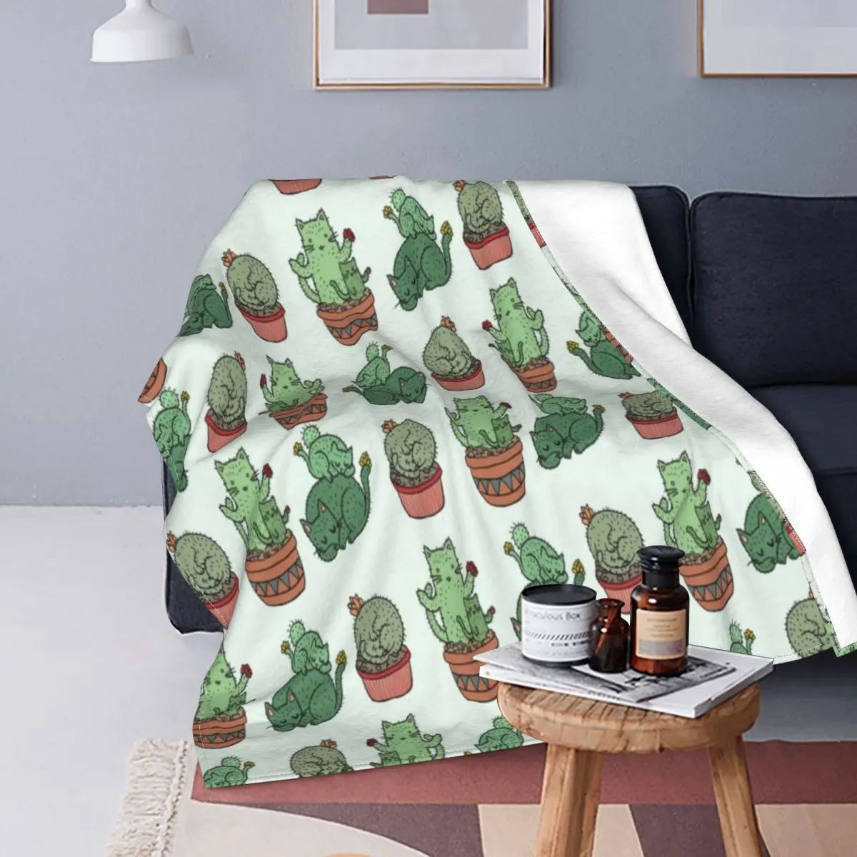 

3D Printed Cactus Cat Pattern Blanket Fleece Winter Cute Pet Multifunctional Super Soft Flannel Blanket Sofa Travel