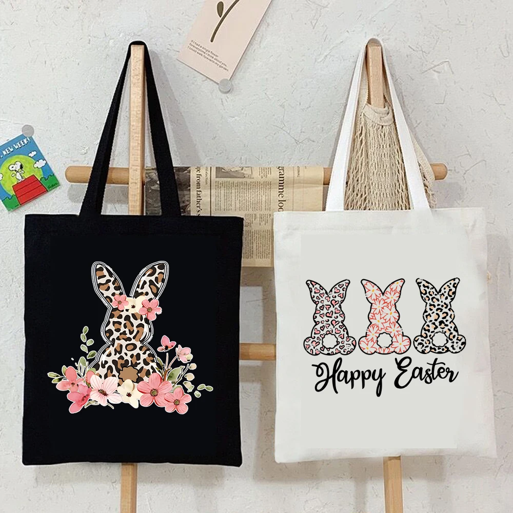 

Leopard Bunny Canvas Tote Bag for Women Easter Rabbit Casual Floral Style Shopping Bag Y2K Aesthetics Student Cartoon Handbags