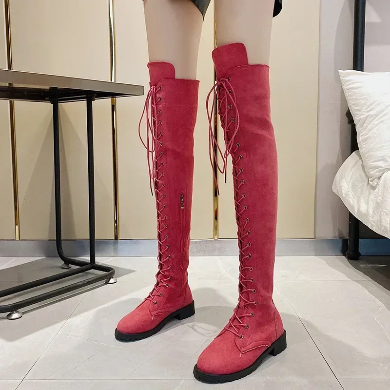 Cow Suede Over The Knee Modern Boots Square Heel Winter Ladies Shoes 2024 Hot Sale Lace-up Round Toe Low Heel Women\'s Boots