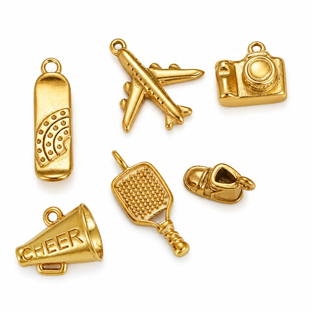 3Pcs Stainless Steel Travel Suitcase/Bicycle/Cheerleader Loudspeaker Charm 3D Camera/Plane Pendant DIY Bracelets Necklace Making