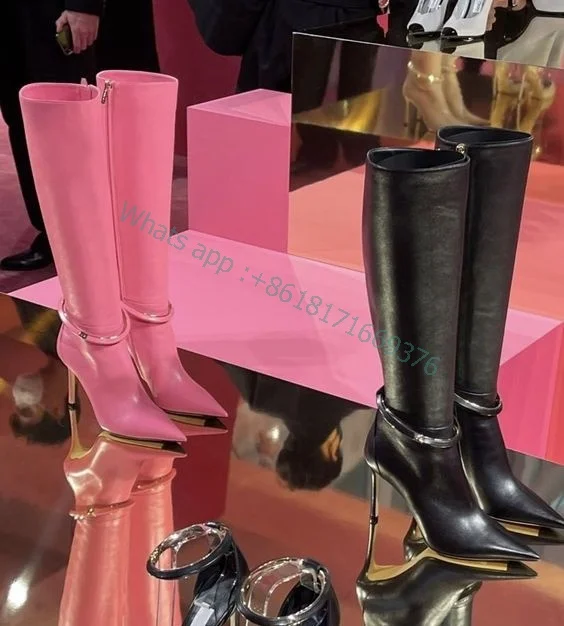 Luxury Dress Candy Pink Leather Pointed Toe Boots Women Thin High Heel Knee High Boots Lady Party Shiny Shoes 2022