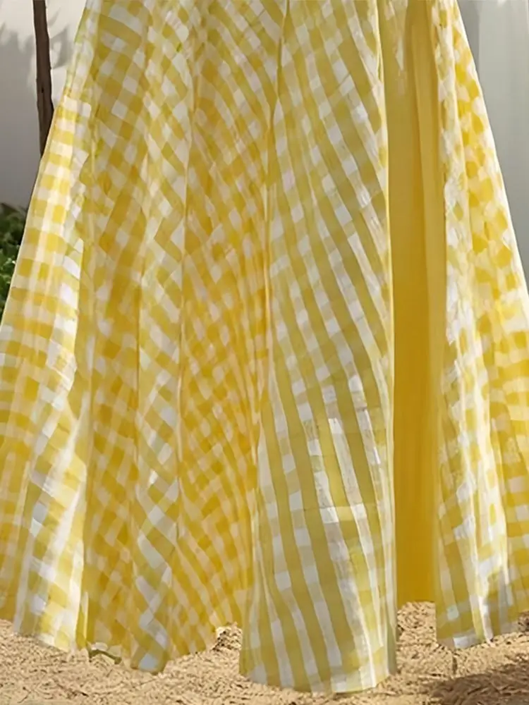 Dopamingelber langer Rock mit kariertem Design für Damen im neuen modischen Stil