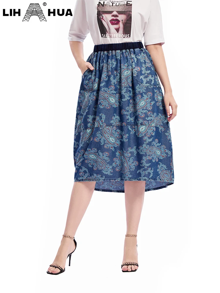 LIH HUA Women\'s Plus Size Denim Skirt Spring Chic Elegant Skirt For Chubby Women Cotton Woven Skirt