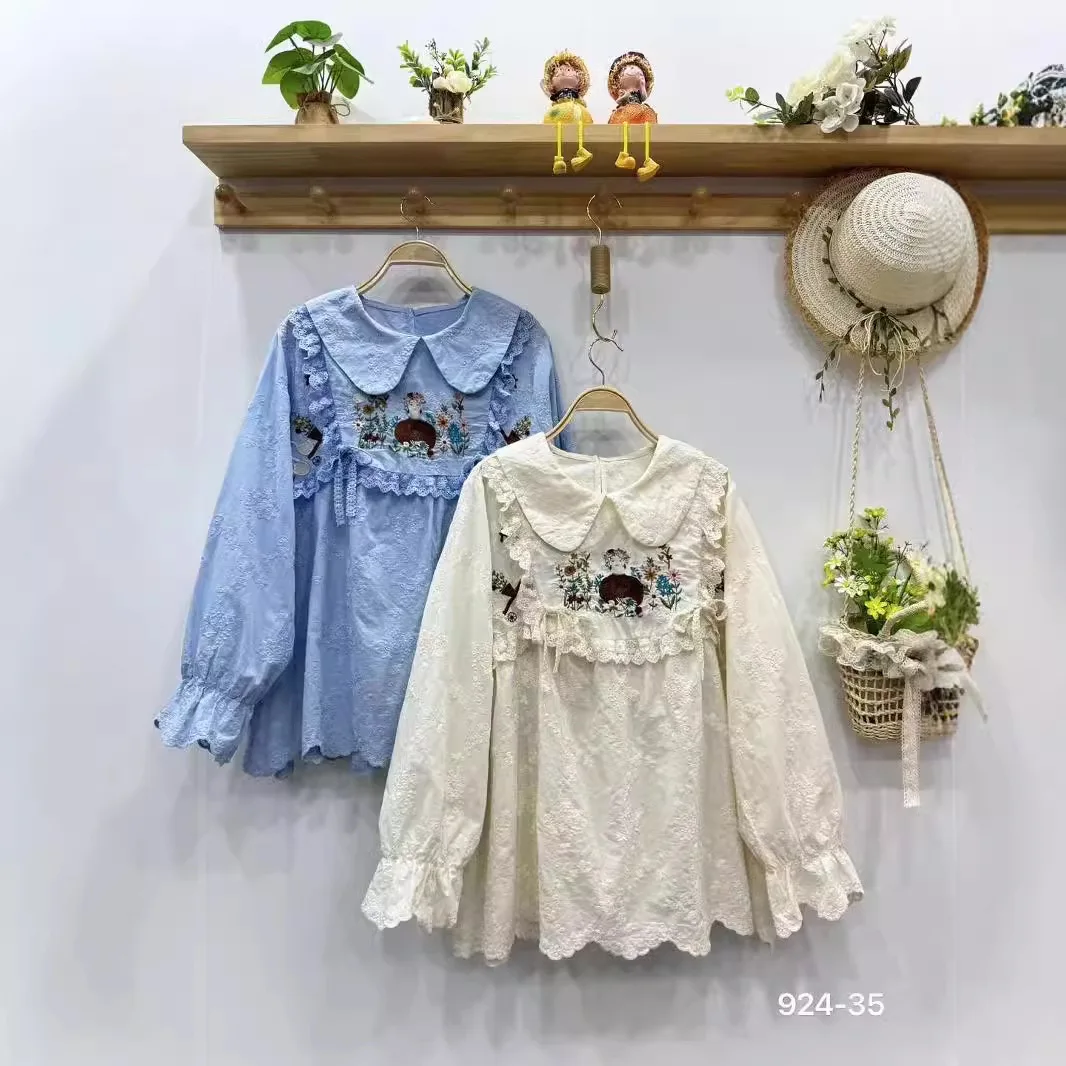 Sweet Mori Girl Floral Print Lace Embroidery Cotton Shirt Women Autumn Kawaii Peter Pan Collar Long Sleeve Casual Loose Blouse