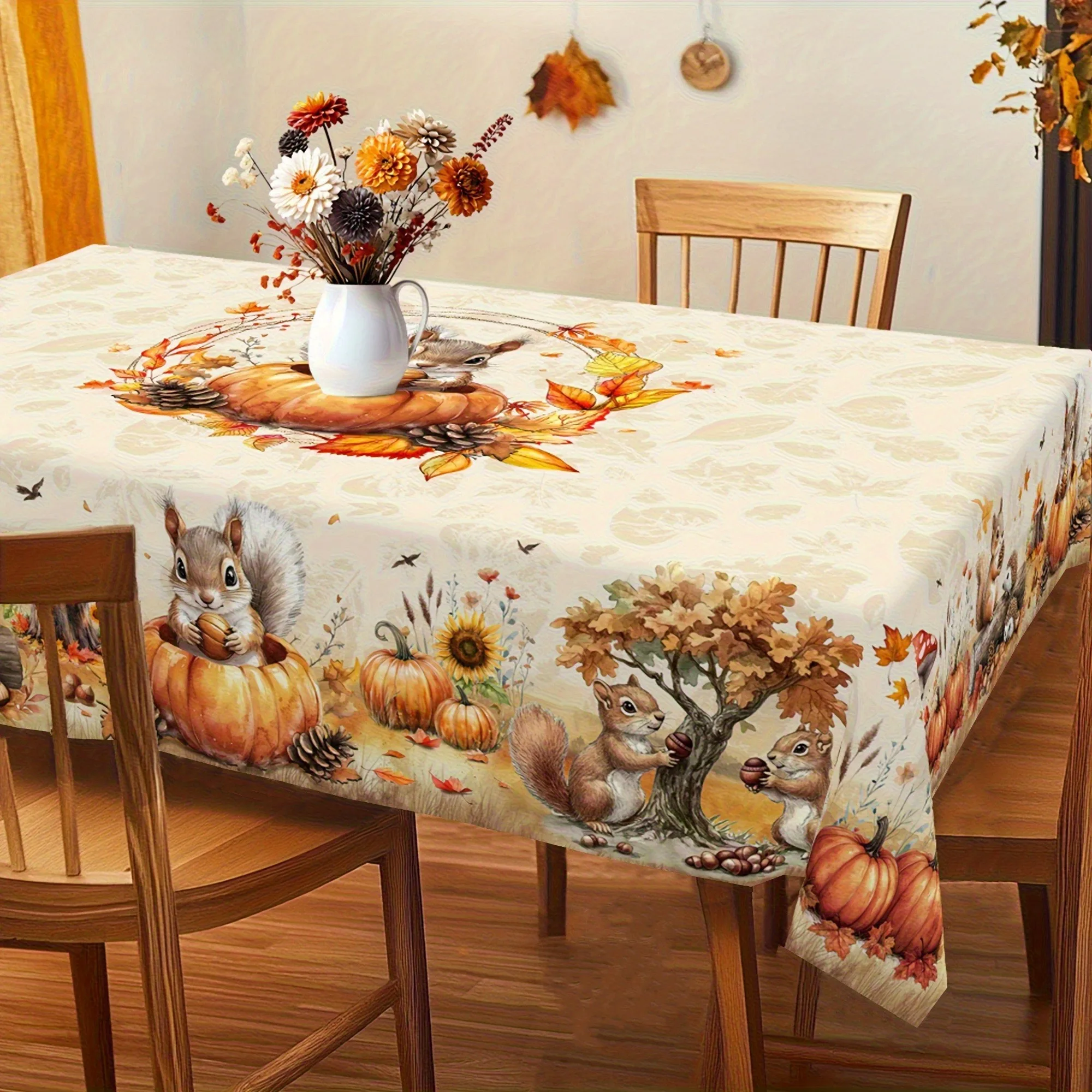 Tablecloth 1 piece, 2D flat. Autumn Thanksgiving theme tablecloth. Country farmhouse style. Squirrel. Pumpkin.zyc