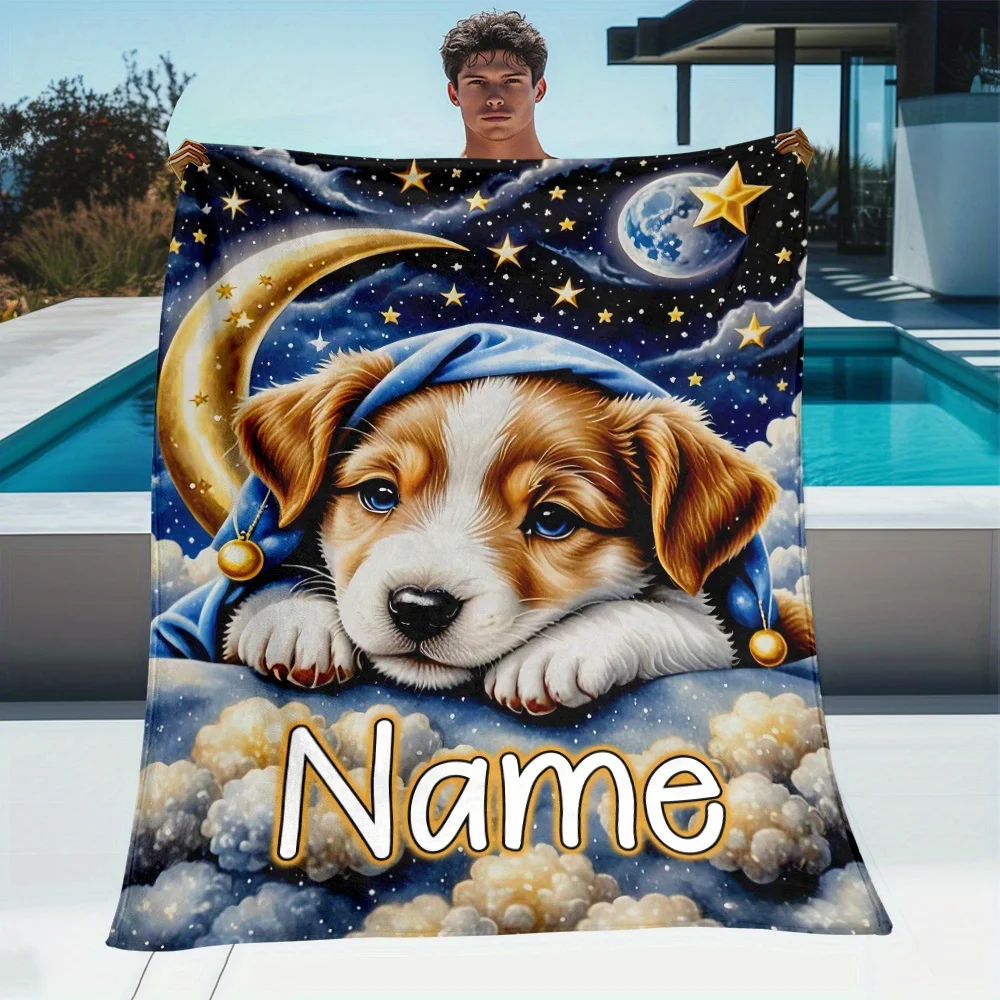 1pc Personalized Cute Dog Flannel Throw Blanket, Custom Name, Digital Print, Lightweight, Warm, Soft, Glam Style, Tear Resistan