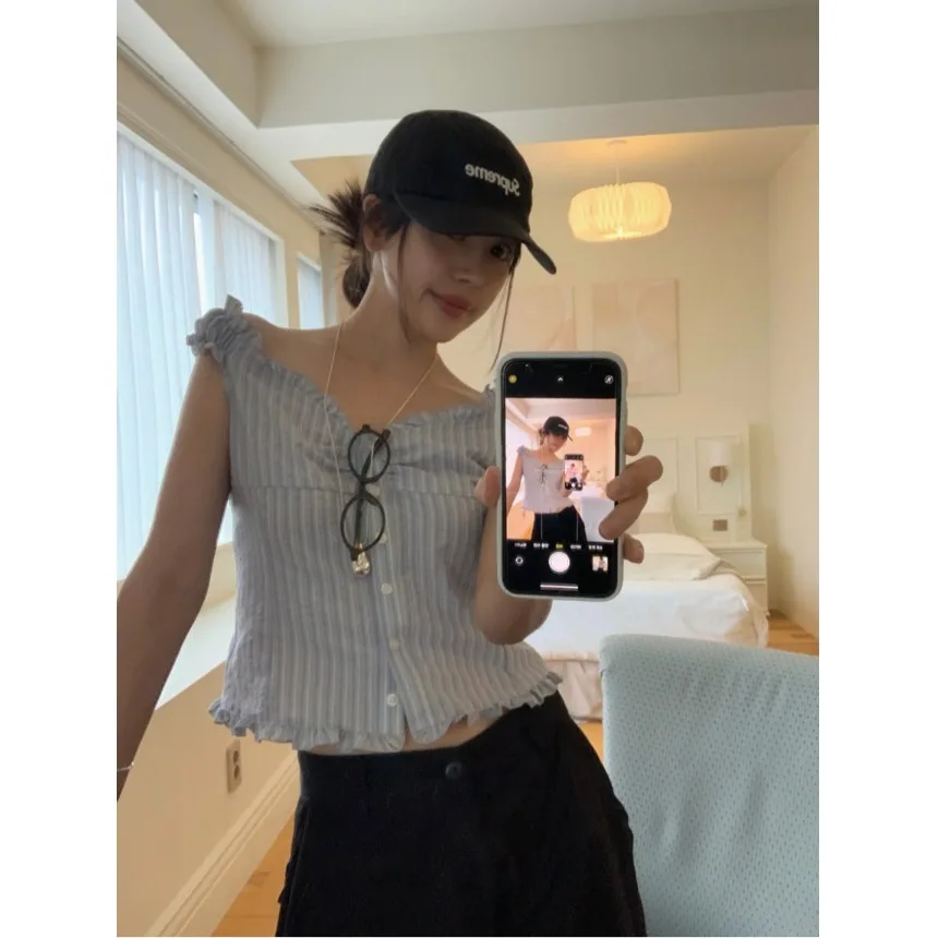 Fashionable Korean Style Summer New Checkered Short Vest Top for Small Figures Casual Design All-Match Small Size Backless Cr...