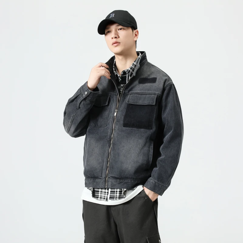 Jaket Denim Vintage Pria Musim Gugur Musim Gugur - Mantel Pakaian Kerja Lengan Panjang Kasual Ukuran Besar Biru Retro (Gaya Klasik Amerika)