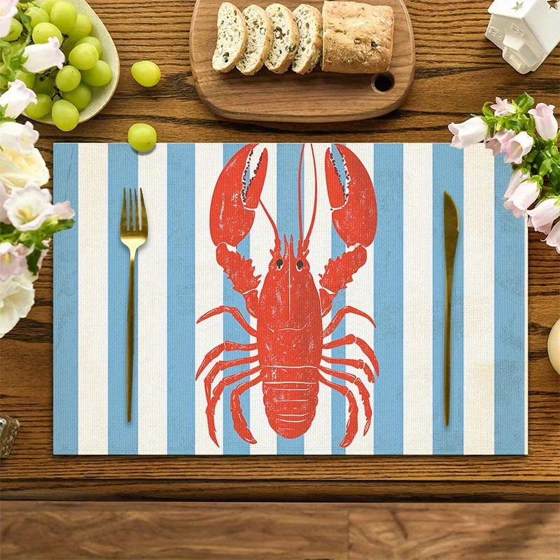 2pc Red Lobster Print Placemats Washable PolyesterBlue And White Striped BackgroundSuitable For Holiday Parties And Home DecorRe