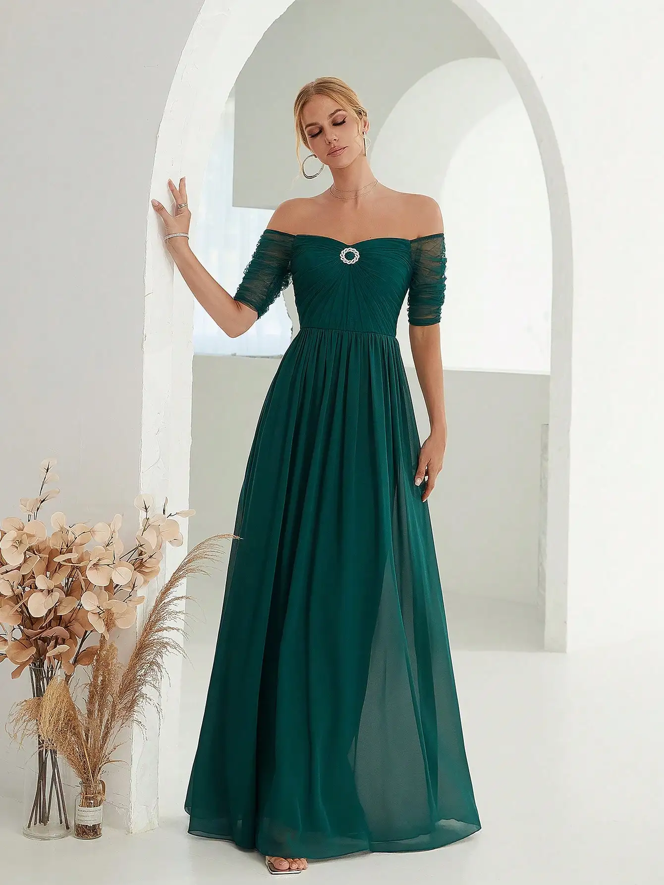 Mgiacy Line neck mesh chest pleated rhinestone embellished chiffon long dress Evening Ball dress Party dress Bridesmaid dress
