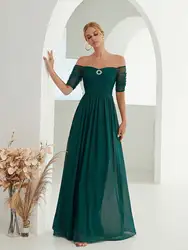 Mgiacy Line neck mesh chest pleated rhinestone embellished chiffon long dress Evening Ball dress Party dress Bridesmaid dress