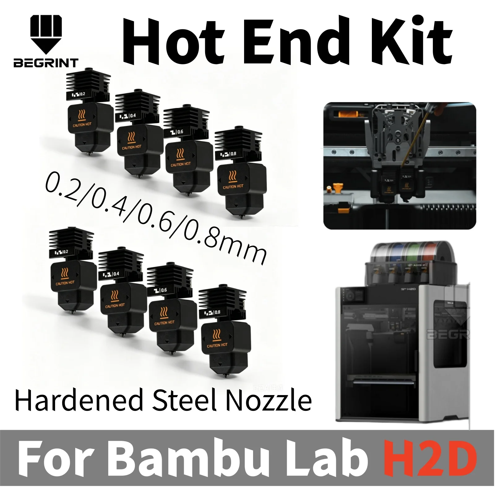 For Bambu Lab H2D Hotend Print Head Kit with 0.2 0.4 0.6 0.8 Hardened Steel Nozzle Extruder Parts with Silicone Sock for Bamboo