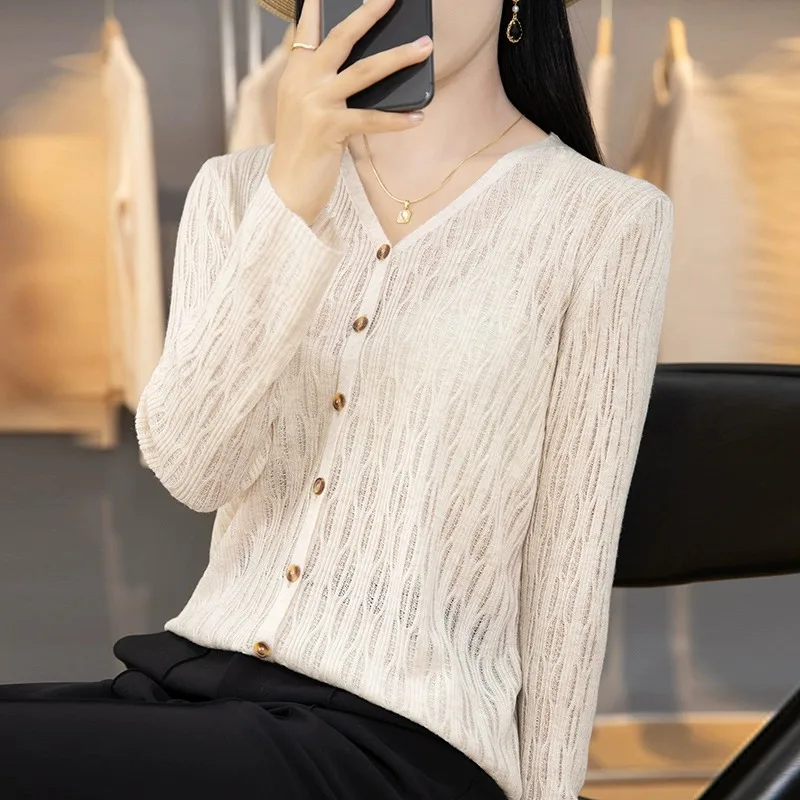 

Ele Тонкий вязаный кардиган V-Ne Long Sve Open, женский кружевной ажурный топ, однотонный свитер Sweet Sle Super ort