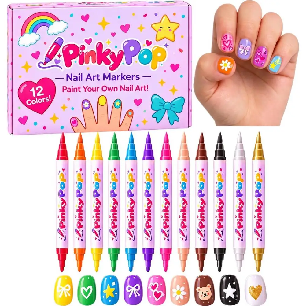 12-Color Dual-Ended Nail Art Pen Set, Water-Based Nail Paste, Fine Liner & Wide Applicator, Quick-Drying Smudge-Proof for Beginn