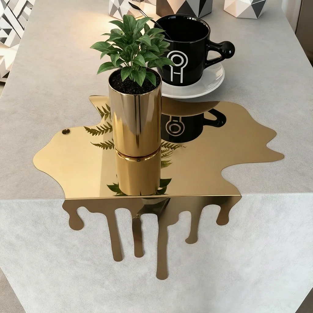 Creative Liquid Drip Metal Tray Stainless Steel Gold Mirror Finish Desktop Decor Ornament Table Spill Art Crafts DIY Manual Shap