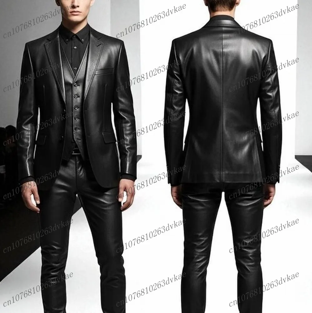 

Новый черный кожаный мужской костюм для свадебной вечеринки, формальный жених, жених, выпускного вечера, деловые мужские смокинги, комплект из 3 предметов, куртка, жилет, брюки