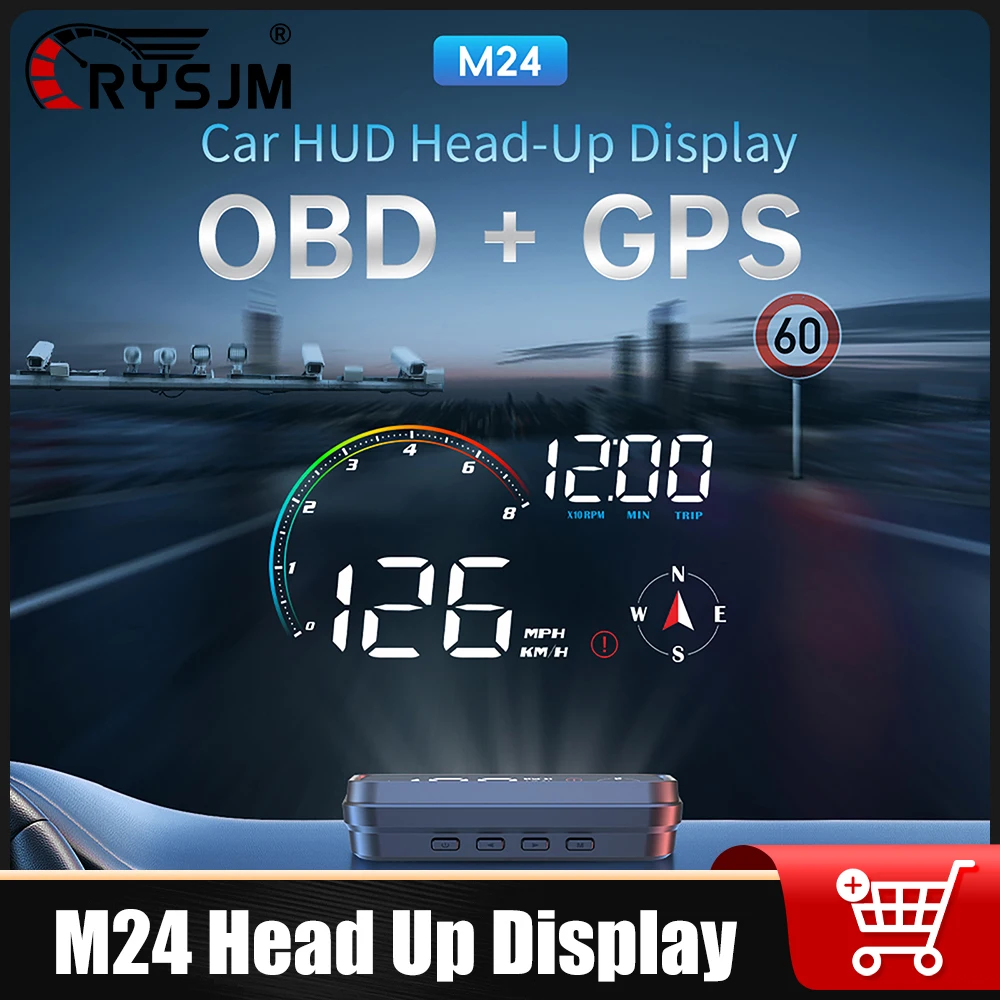 M24 GPS+OBD Car Head Up Display Computer Speedometer Voltmeter RPM Fuel Level Water Temp Compass Car Speed Displays With Alarm