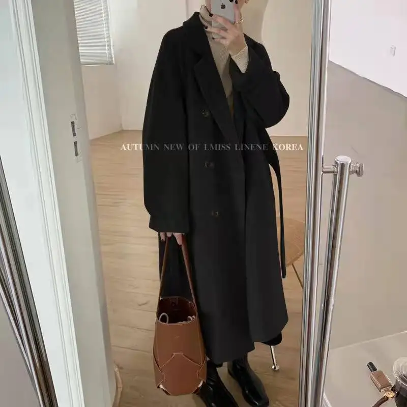 Blends Women Mid Length Wool Coats Splice Korean Jackets Turn Down Collar Full Sleeve Double Breasted Thick Autumn Winter