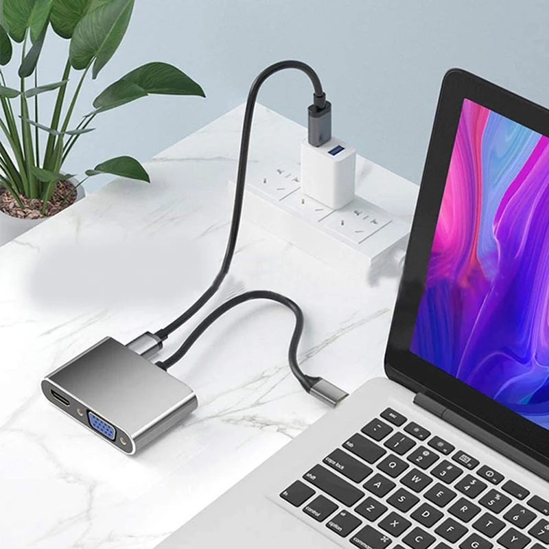 USB C Hub 4 in 1 / 5 in 1 Type C 3.0 Adapter to 4K Compatible-HDMI VGA USB 3.0 PD Fast Charge Splitter Extend Adapter for Laptop