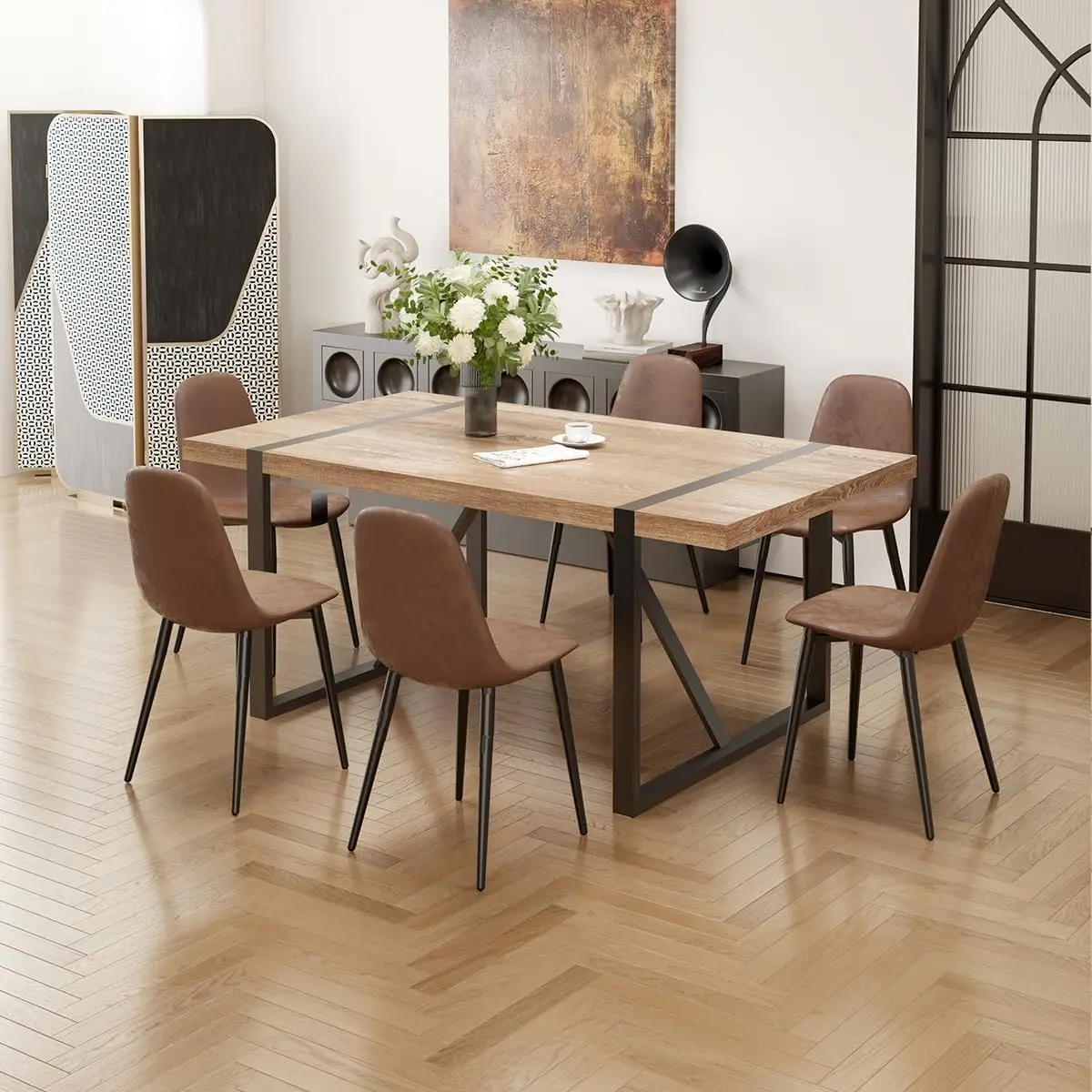 7 Piece Dining Table Set for 6 Modern 71 Rectangle Wood Dining Table and Fabric Dining Chairs 6 Kitchen Table and Chairs