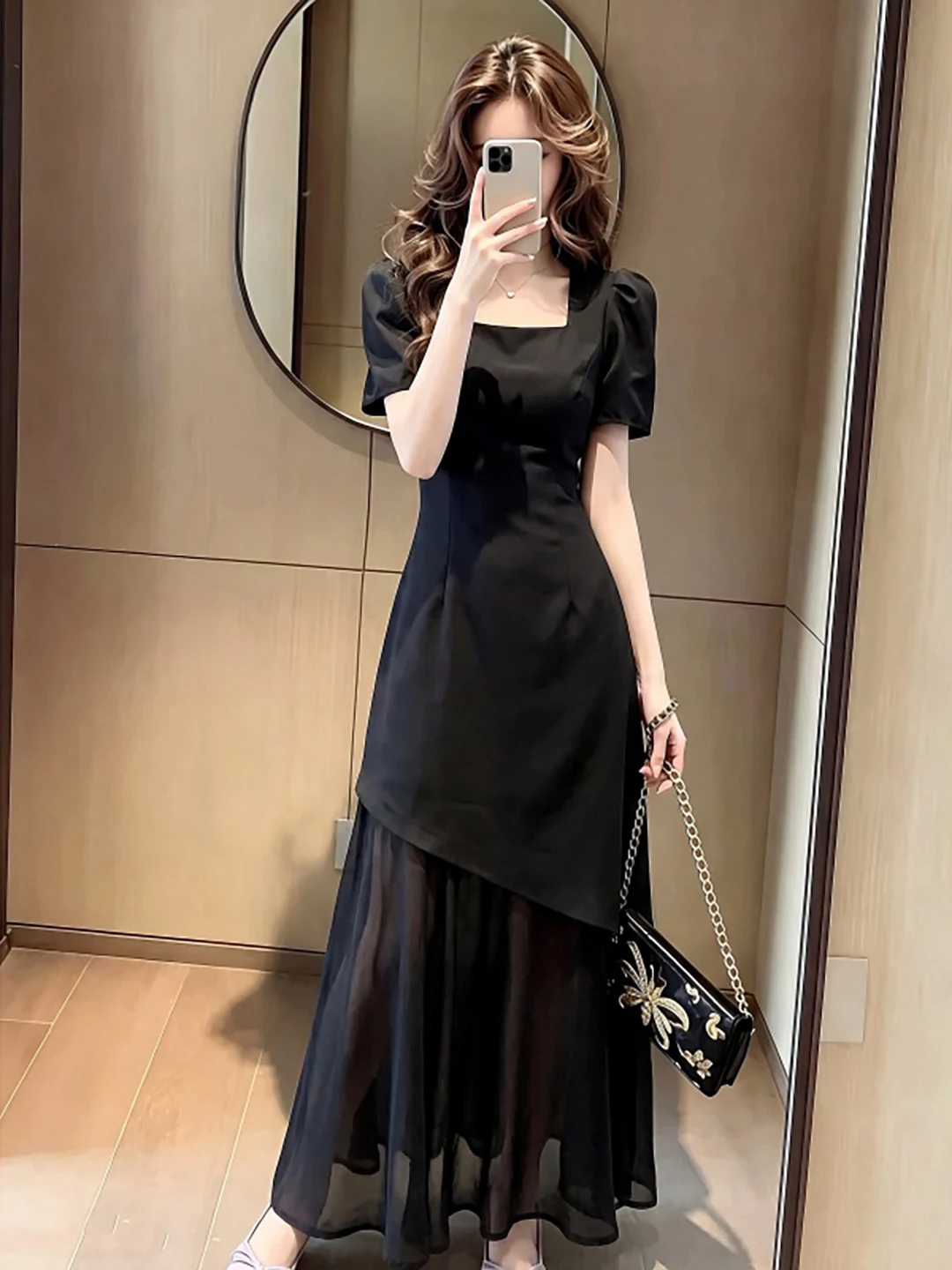 Korean Style Black Square Collar Short Sleeve Dress Women's plus Size Summer Slimming Mesh Splice Long Dress Commute Style