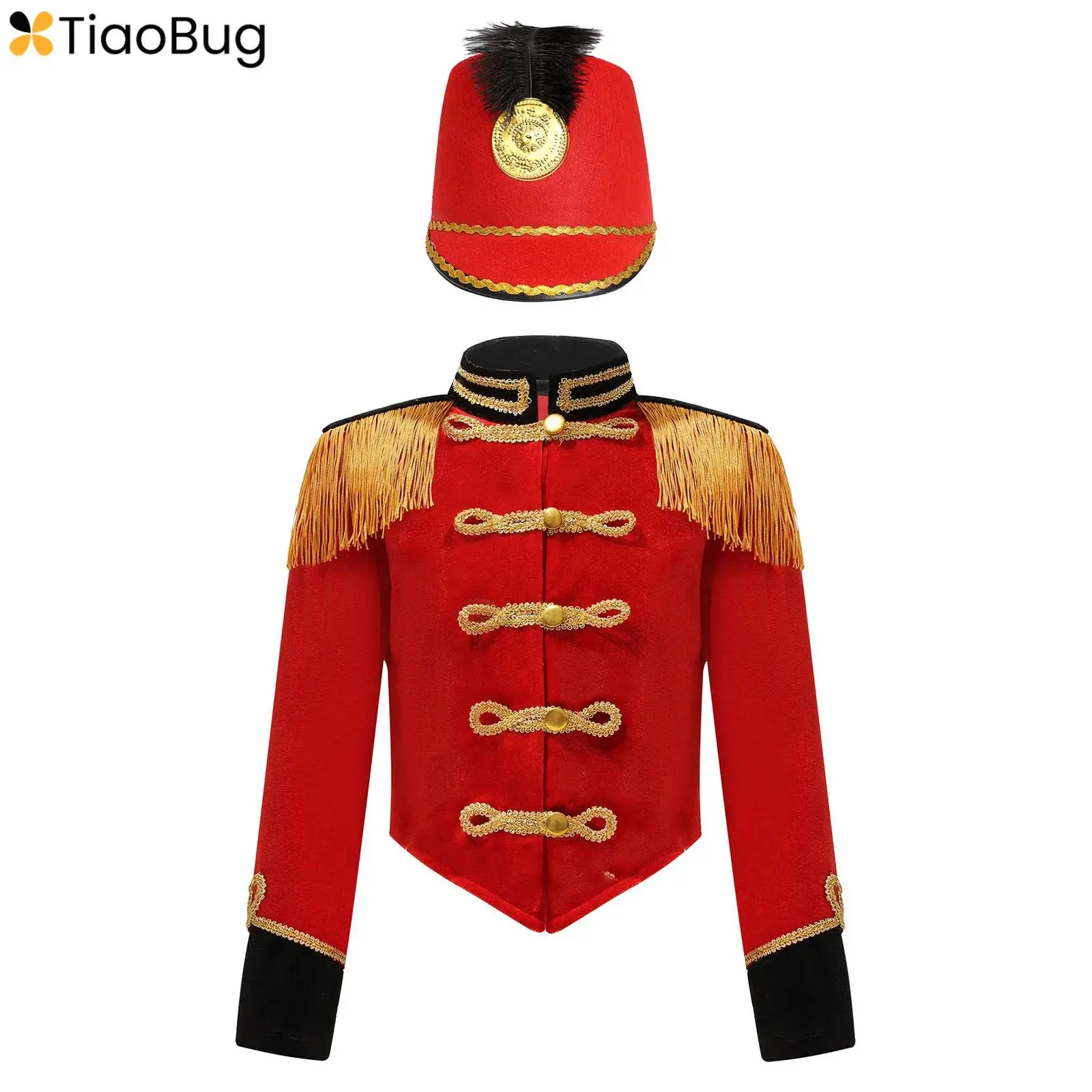 

Girls Circus Ringmaster Jacket Coat Halloween Drummer Cosplay Costume Stand Collar Long Sleeve Fringe Epaulet Coat and Hat Set