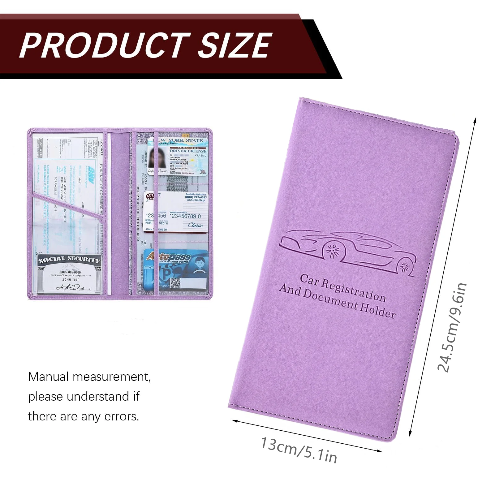 Car Registration and Insurance Card Holder, Magnetic Closure Leather Vehicle Document Organizer Compact Lightweight Card Holder