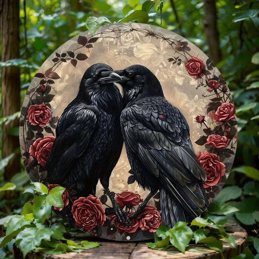 

Round Aluminum Wall Art Decoration Sign, Raven Rose Themed, Metal Art, Style for Home, Office, Garage, Cafe, Farmhouse